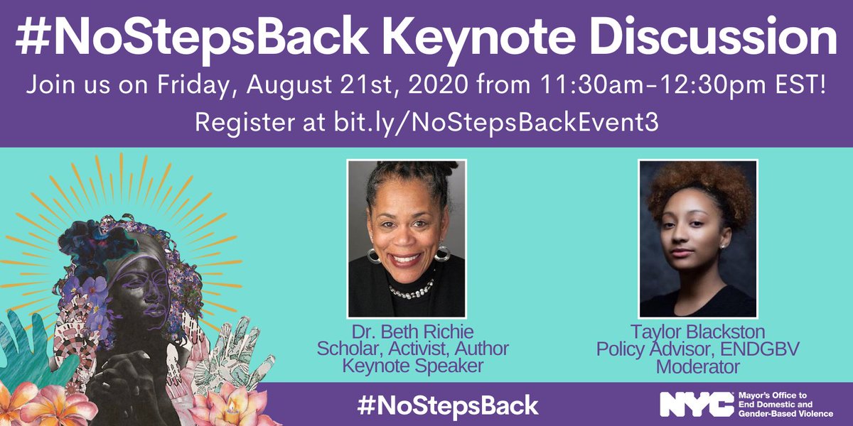 nycendgbv's tweet image. JOIN US! On Friday, August 21st from 11:30am-12:30pm ET, we are hosting the final #NoStepsBack event, a discussion with Dr. Beth Richie, who has worked for decades to center Black survivors &amp;amp; resist carceral systems within anti-violence work! Register at bit.ly/NoStepsBackEve…