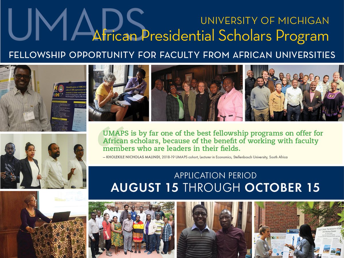 UofMAfrica's tweet photo. Teaching staff at universities and colleges in Ghana, South Africa and Kenya: come join us in Ann Arbo #Umich for a 5-month fellowship next academic year. Application opens TMRW, Aug 15, 8am EST. Deadline to apply: Oct 15

#UMAPSAlumni: pls encourage others to apply https://t.co/XZcAEbQxu6