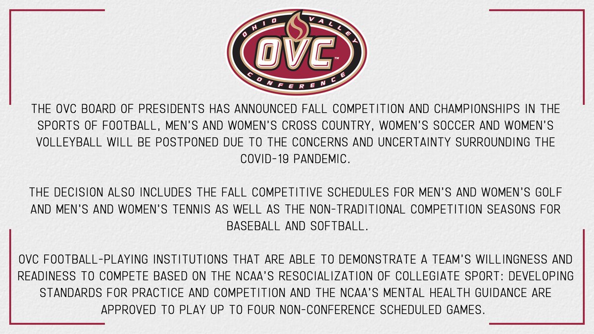 OVCSports's tweet photo. The OVC Board of Presidents announced the following decision today on OVC fall sports and championships.

Details: https://t.co/qzYrXx6ZcG https://t.co/o0Hr1Y6jVt
