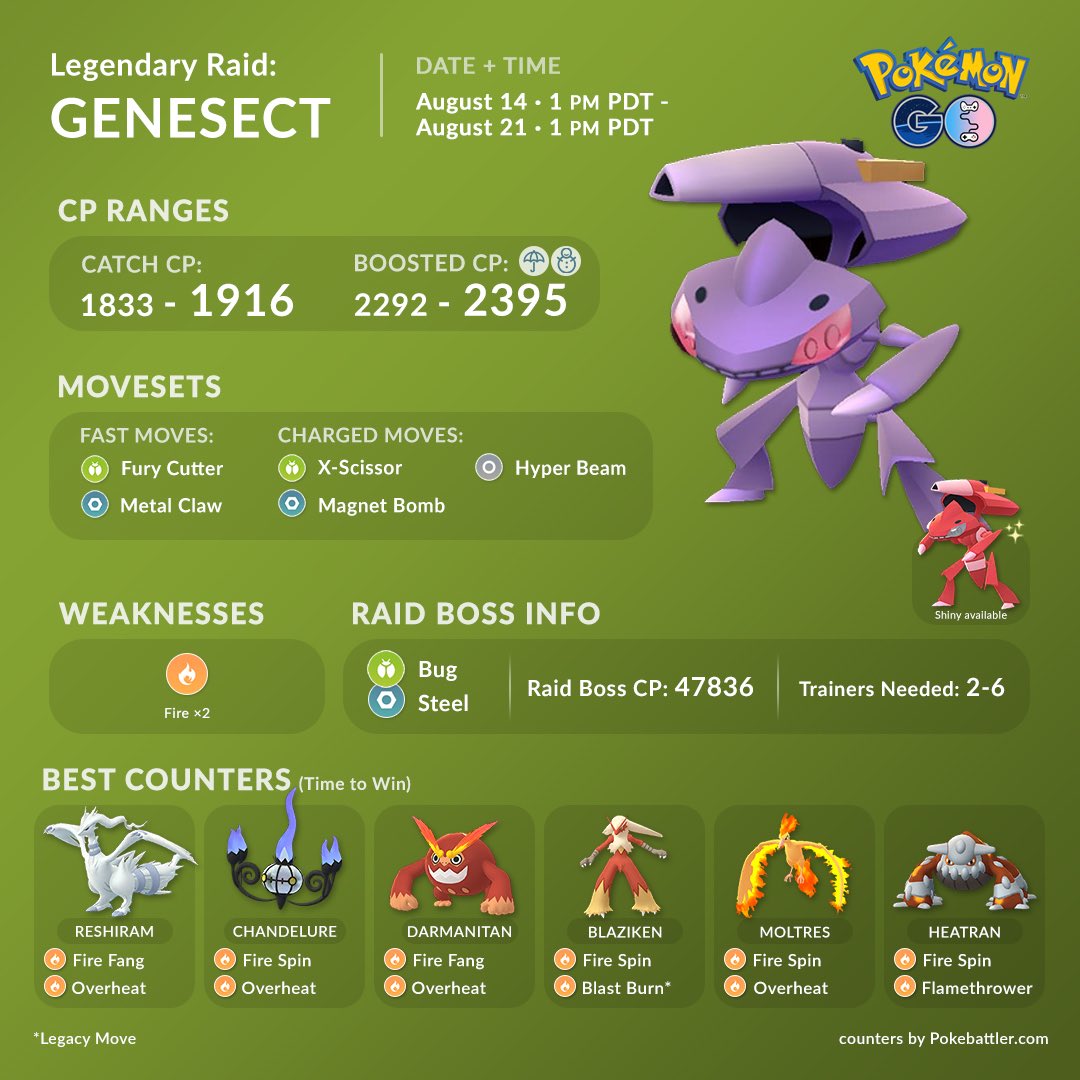 Pokémon Go - Raid de Genesect - counters, fraquezas, melhores ataques,  Genesect shiny