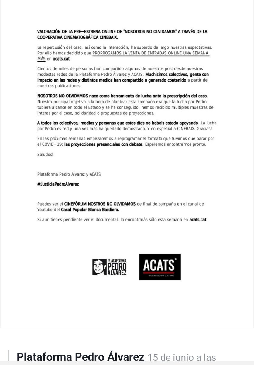 albertjusticia's tweet photo. #Plataformapedroalvarez
Con el covid-19,
Un bonito diseño para llevar en próximas asambleas,reuniones, manifestaciones etc.
Y el comunicado de A.C.A.T.S , https://t.co/TF6JFD3FDr
Todo el apoyo a la Familia Álvarez Peso
#justiciapedro
#poblerebel
#acats
#policianacional https://t.co/9mRBN89pGm