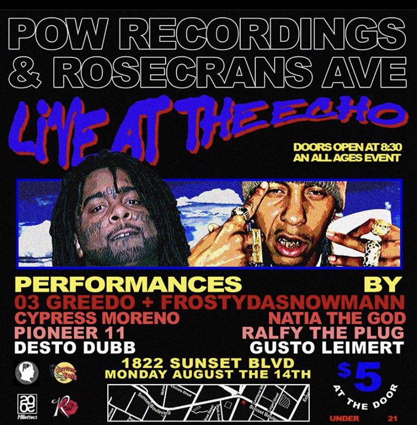 RosecransVic's tweet photo. On this day 3 years ago we packed out The Echo wall to wall on a Monday night and changed L.A. rap forever. Needless to say the lineup would still sell out today. #FreeGreedo #FreeTheStincs https://t.co/ibBcqJzx9W