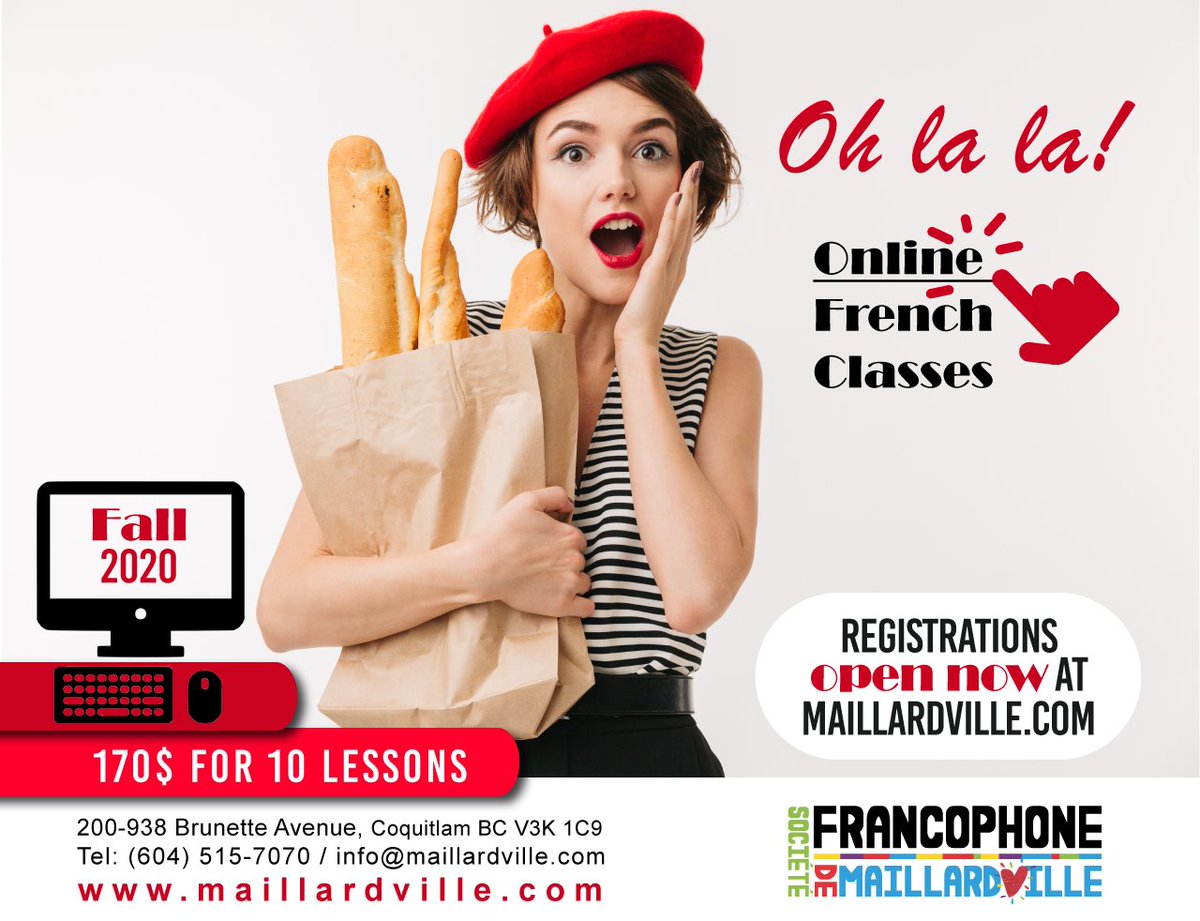 Great news: Registrations for the Fall 2020 session of our French classes are officially OPEN  ! 
Once again, the classes will be offered online via Zoom for everyone’s safety  !!!
To find out more about the classes and to register, visit our website: maillardville.com/activities/fre…