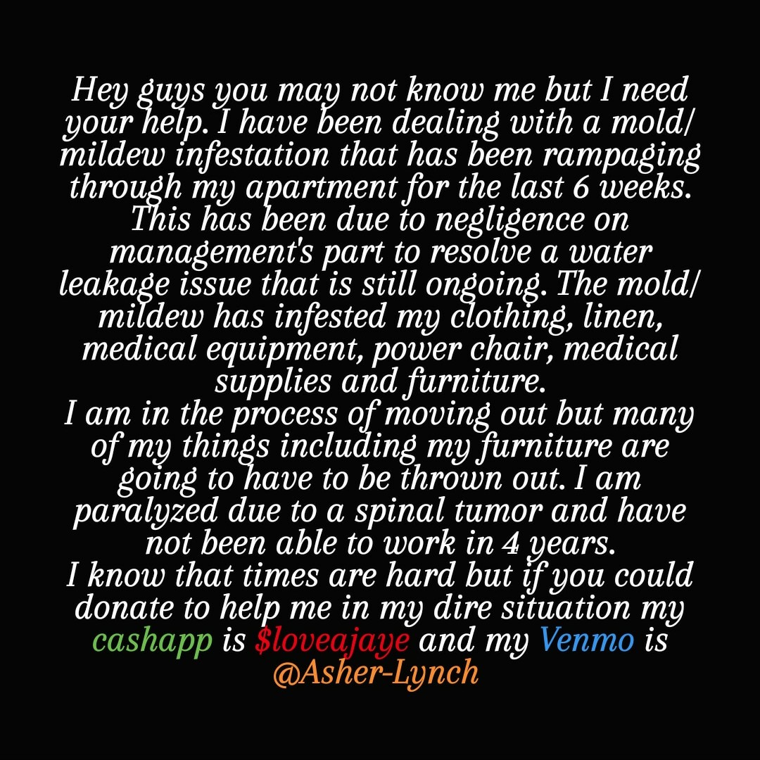 loveajaye's tweet photo. Mold is spreading around my apartment thru airborne spores. It's on everything affecting my health. I need your help moving out because I'm paralyzed. Any help given including RTs is greatly appreciated. #picoftheday #life #atlanta #health #summer #support https://t.co/2yzbQ3Ks4f https://t.co/qMS3kfxAyp