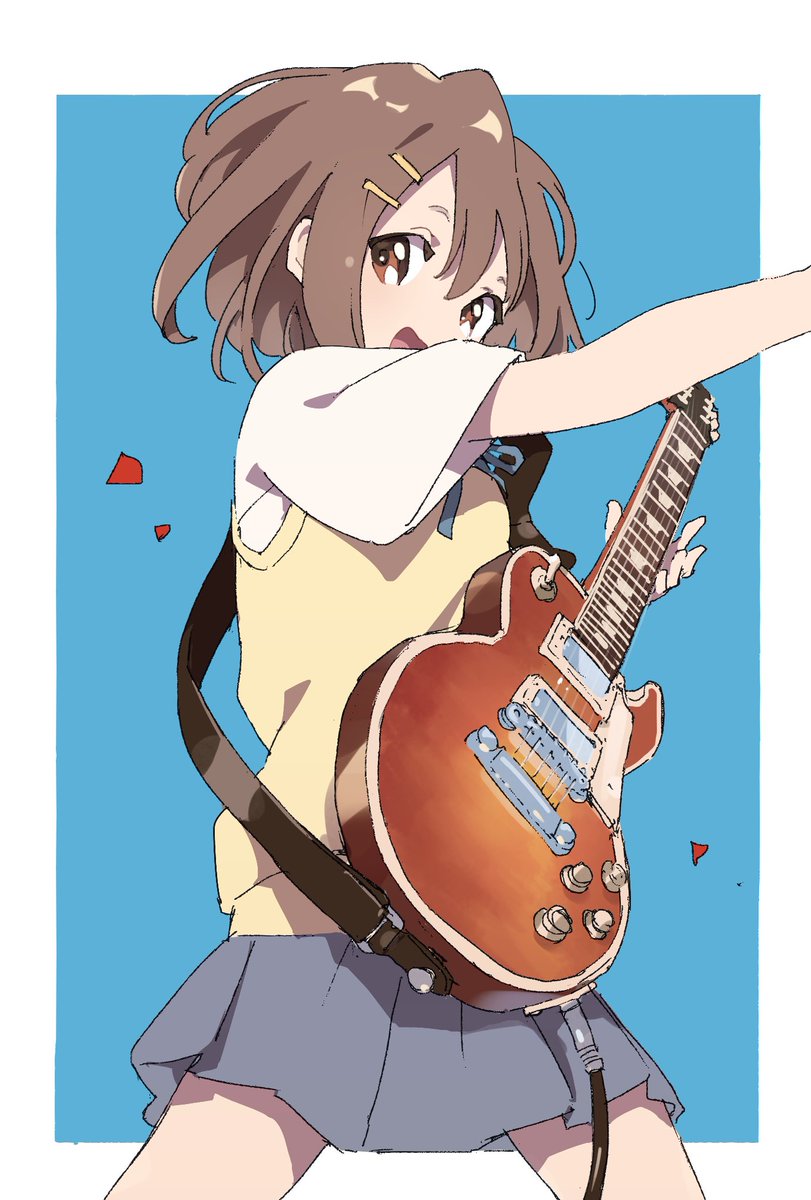 hirasawa yui 1girl instrument sakuragaoka high school uniform guitar solo brown hair school uniform  illustration images