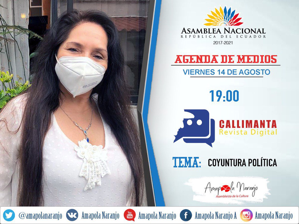 amapolanaranjo's tweet photo. #AmapolaEnMedios🌺
Por la noche estaré en el Revista Digital #Callimanta para tratar sobre la realidad política, económica y social que las y los ecuatorianos estamos palpando.
Pueden seguir la entrevista a través de su #FacebookLive 👇🏼
https://t.co/3Zcw8l6zR4 https://t.co/2z6o9EFrWK