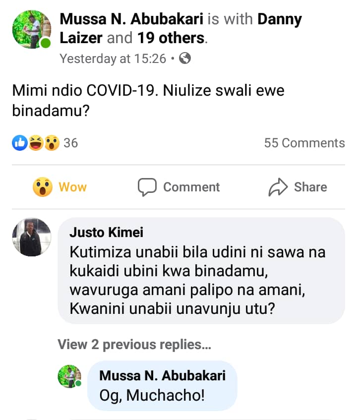 Keshoyako's tweet photo. Covid 19 alipoulizwa swali juu ya Uwepo wake🤗 https://t.co/F9xtJ4FsJf