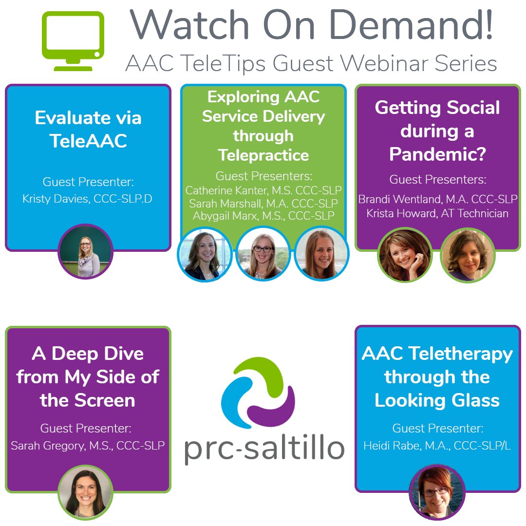 PRCSaltillo's tweet photo. Did you miss our AAC TeleTips Guest Webinars but still want to watch? Check out these great sessions with ON-DEMAND access! #PRCSaltillo #AAC #AACTeleTips #TeleAAC
https://t.co/Okcgldq1LI https://t.co/d36PbDCLid https://t.co/1kBM163yYa