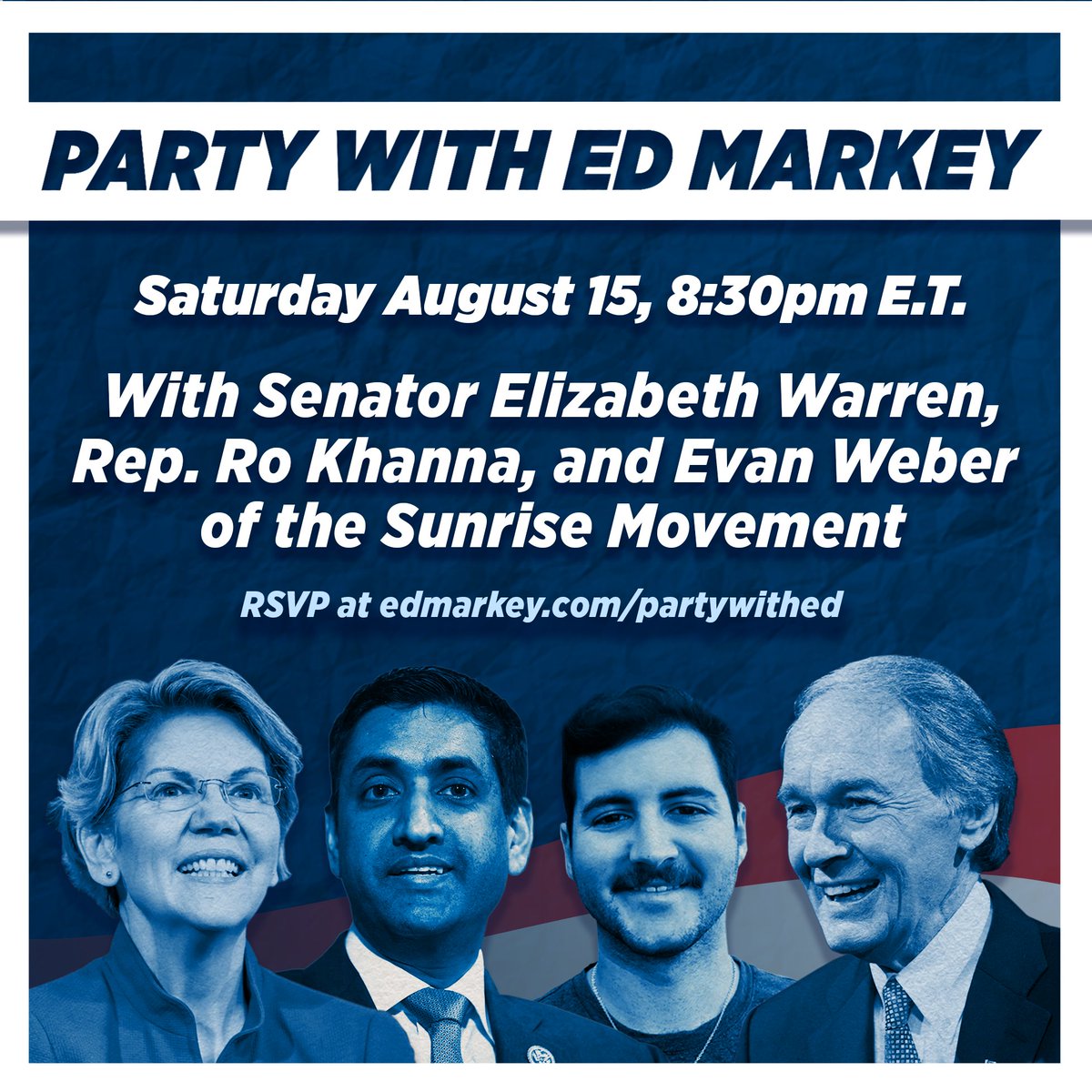 Join our movement for social, racial, economic, and environmental justice tomorrow with <a href="/ewarren/">Elizabeth Warren</a>, <a href="/RoKhanna/">Ro Khanna</a>, and <a href="/evanlweber/">Evan Weber 🌅🔥</a> for a grassroots fundraising party. Help power our campaign and we will win on September 1. RSVP now at edmarkey.com/Party-with-Ed.