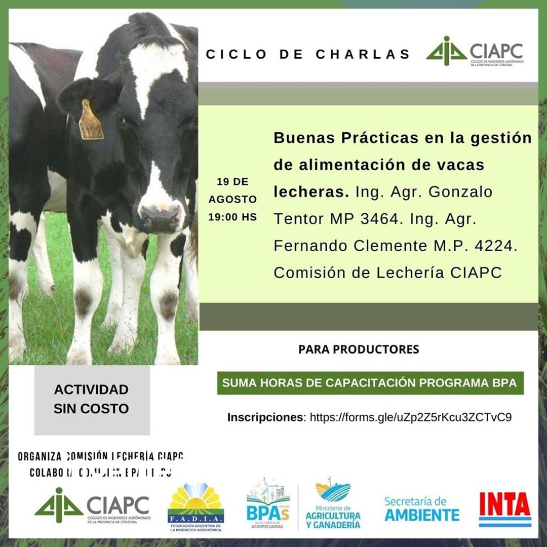 PrensaFADIA's tweet photo. El @CiapcCba y la #FADIA invitan a los Ing Agr a participar del Ciclo de charlas "Buenas Prácticas en la gestión de alimentación de vacas lecheras."
.
Inscripción👉 https://t.co/zAHQRgpllE
.
#IngenierosAgronomos #BuenasPracticas #CharlasVirtuales #Vacas #Agro #CIAPC #Cordoba https://t.co/hRjxfB12TO