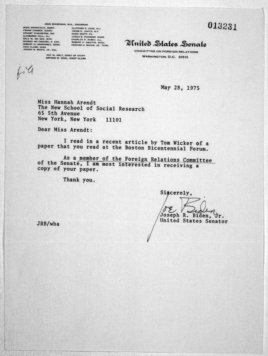 Samantharhill's tweet photo. Dear Miss Arendt:

I am a member of the Foreign Relations Committee of the Senate, I am most interested in receiving a copy of your paper.

Thank you. 

Sincerely, 

Joseph R. Biden, Jr.
United States Senator

@JoeBiden https://t.co/gHYwcq00xh
