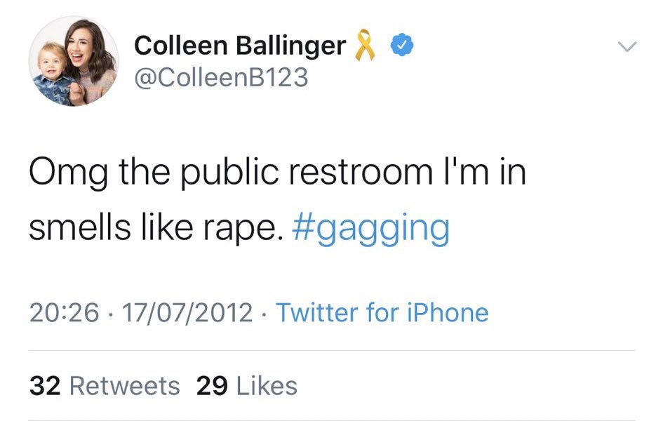  @ColleenB123 apologize for making rape jokes challenge (day 2) (also, these tweets have been deleted, but that doesn't excuse her awful jokes about a serious trauma)