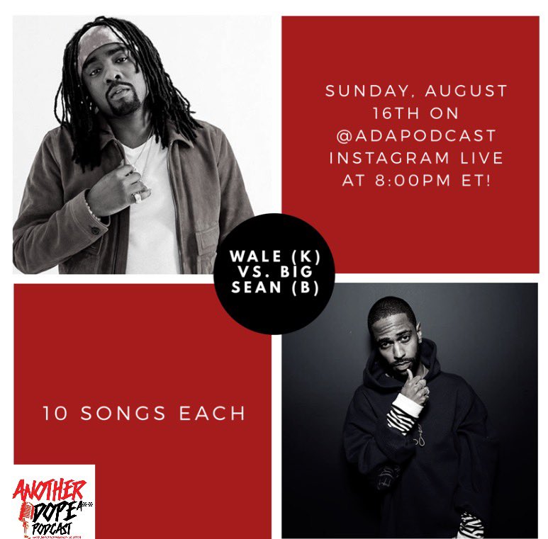 _ADAPodcast's tweet photo. “Slap For Slap W/ ADAP” (Pt. 19) 🚨: Wale (@why_vet_ah) vs. Big Sean (@SilkSmooth)‼️/ THIS SUNDAY, August 16th at 8:00pm EST, on OUR IG Live. 🗣🔥 #ADAPodcast #SlapForSlapWithADAP #SlapForSlap #wale #bigsean @wale @bigsean #rap #hiphop (WE DO NOT OWN RIGHTS TO MUSIC‼️) https://t.co/RHCszqSLjz