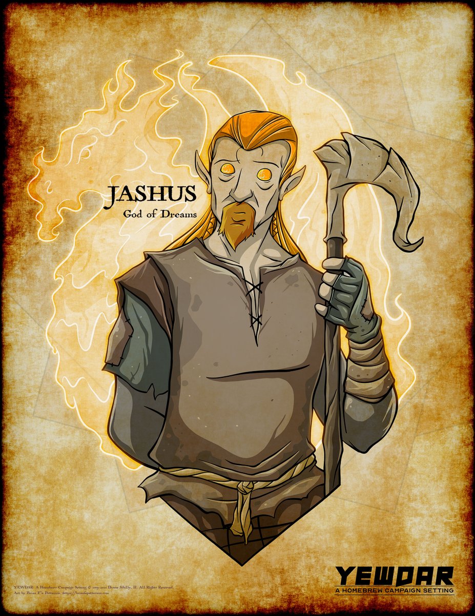Jashus is the god of dreams. He is progenitor of the elves. Jashus is rarely known to be fully awake, as his slumber maintains the dream realm of Vakaré. He is the font of imagination, and protector of the mind. His dragon companion, Dhrus, is never far from his side.