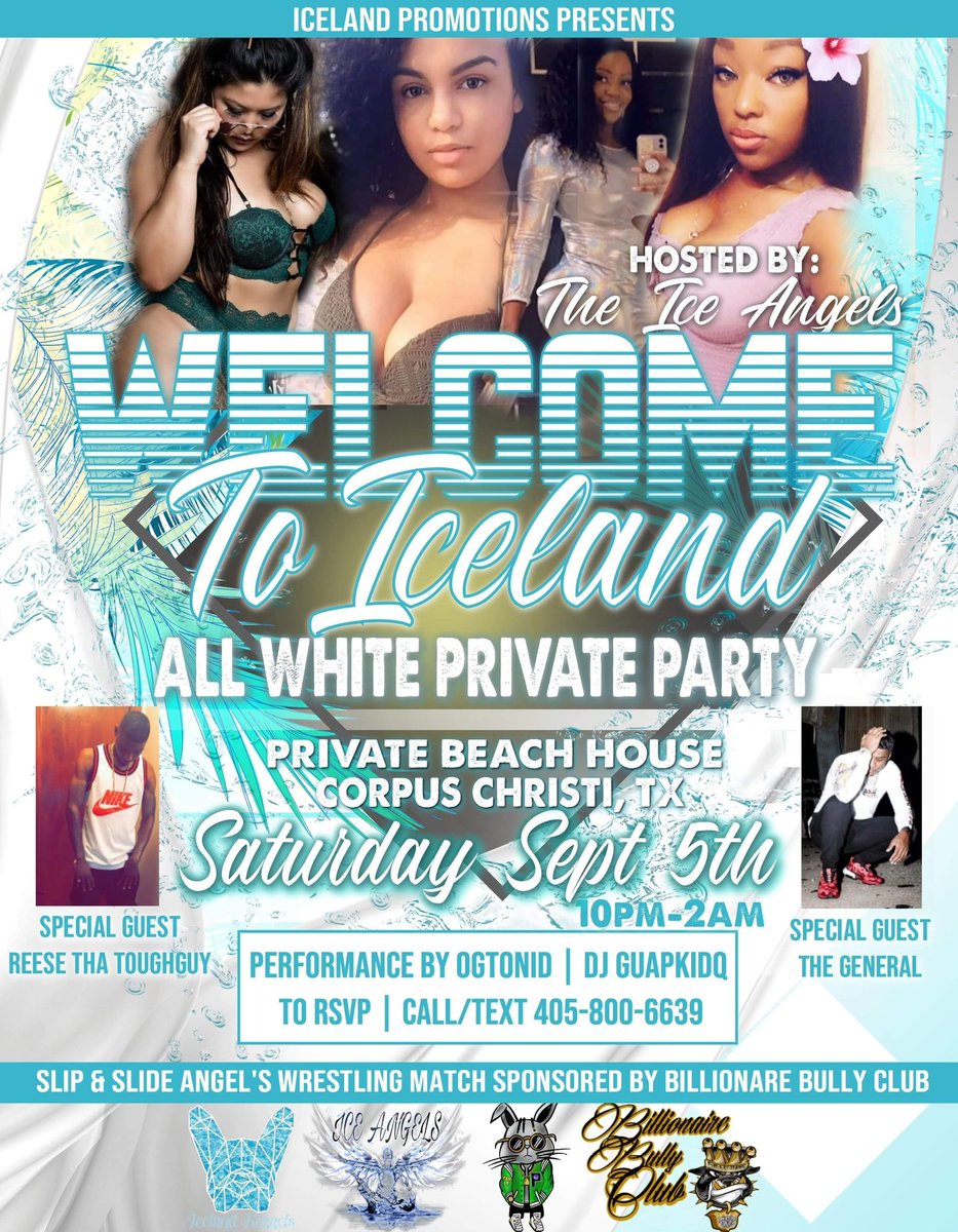 ladyenvyfp94's tweet photo. WELCOME TO ICELAND 
(all white, private beach party)
 Hosted by The @_iceangels 😍🌬💎
Ice Cave in Corpus Christi, Texas
DJ: @turnmeupgq
Performance by: @ogtonid with @playboikushofficial
Special Guest: @whoisthegeneral
Special Guest: @reeseisthaname https://t.co/cxV0hkRr91