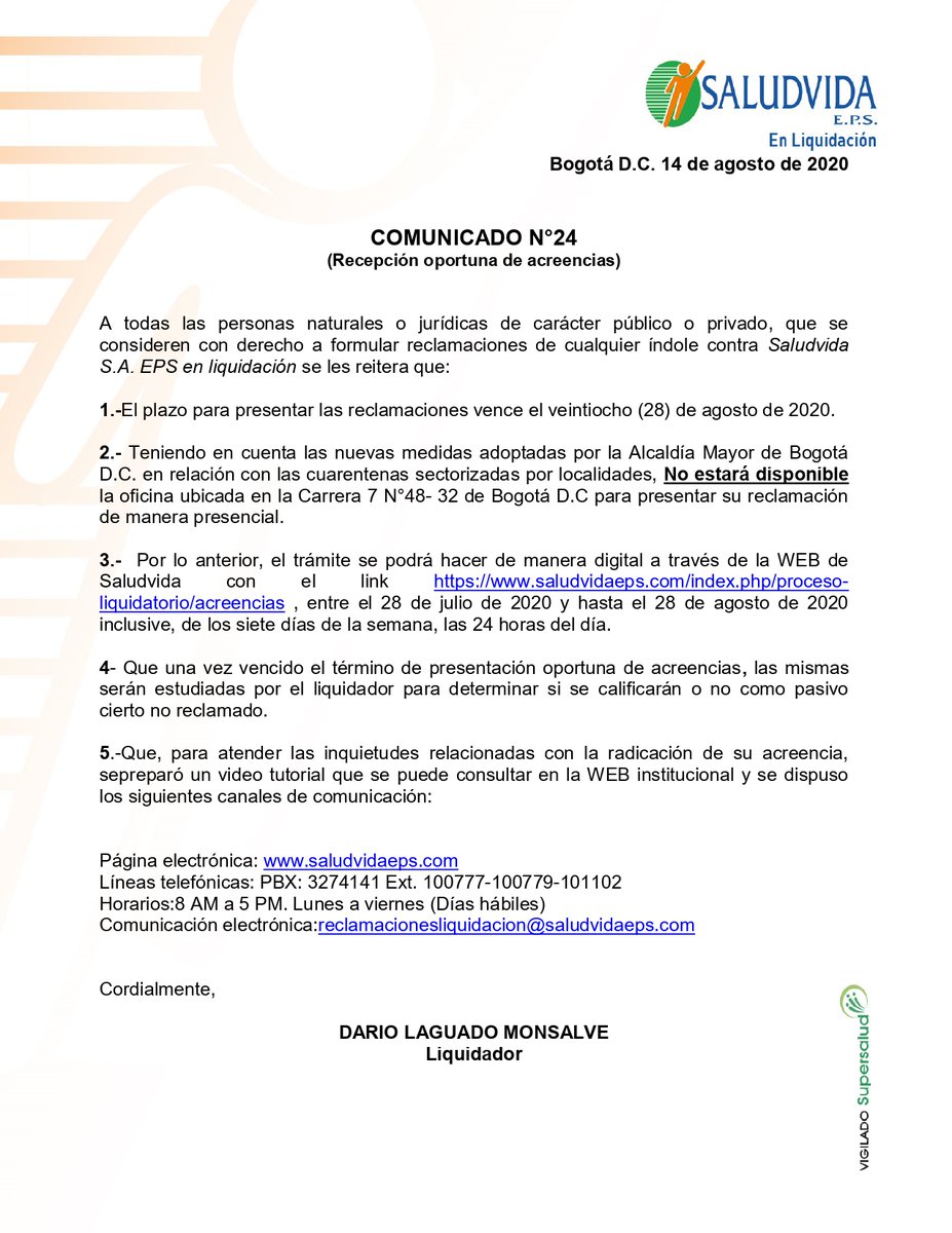 SaludVidaEPS's tweet photo. SaludVida EPS en Liquidación, reitera que el próximo 28 de agosto, vence el plazo para la radicación de acreencias. @CaracolRadio @NoticiasCaracol @rcnradio @NoticiasUno  @NoticiasRCN @lafm @El_Pilon @nuevodiaibague @ElUniversalCtg @CanalTelecaribe @TCNoticiaseje @AlertaBogota https://t.co/6obJfSBpyi