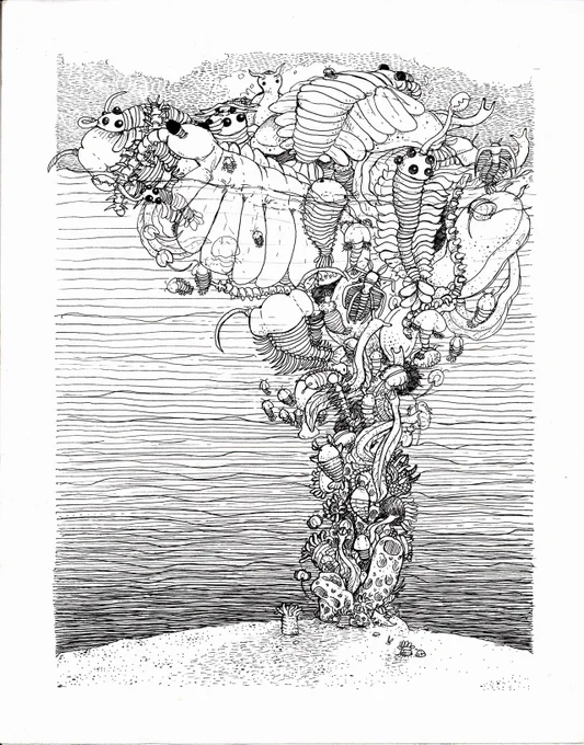 7 years ago for college I did a cool Cambrian explosion themed line art piece and I just want everyone to know I have loved them all before it was "cool". also check out my related extinction piece about passenger pigeons!! my wrist aches just looking at them lmao 