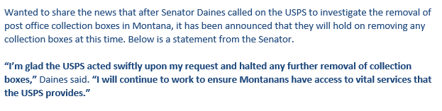 Here's a second statement from  @SteveDaines on the news of the hold.  #mtnews  #mtpol  #USPS