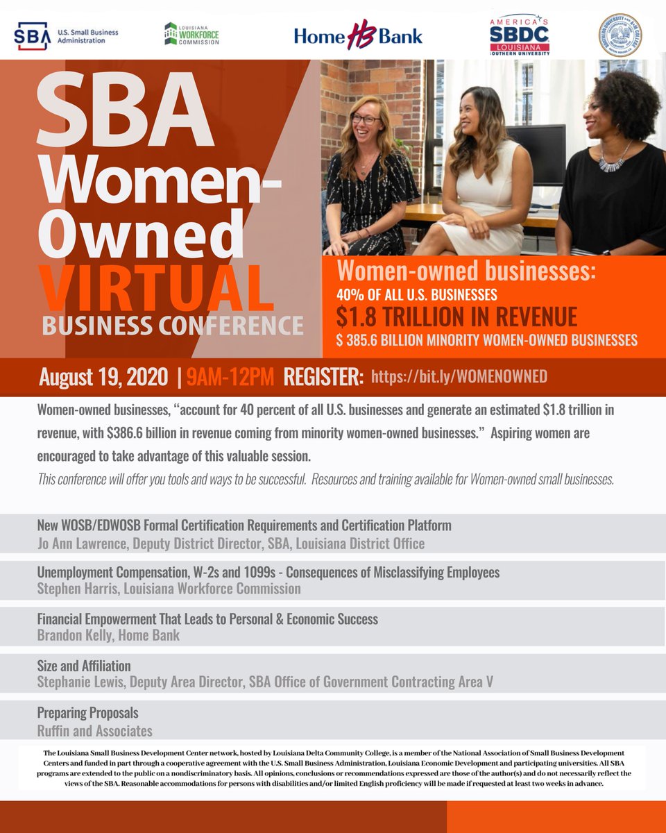 LSBDCSUBR's tweet photo. Small Business Owners, please join us for the 2020 SBA Women Owned Virtual Business Conference! August 19th from 9am - 12pm.
Register Now: https://t.co/UYnnzjBXhx
#SBA #WomenOwnedVirtualConference #LSBDC #SUBR #LouisianaWorkforceCommission #HomeBank #RuffinandAssociates https://t.co/kLRpEImXVC