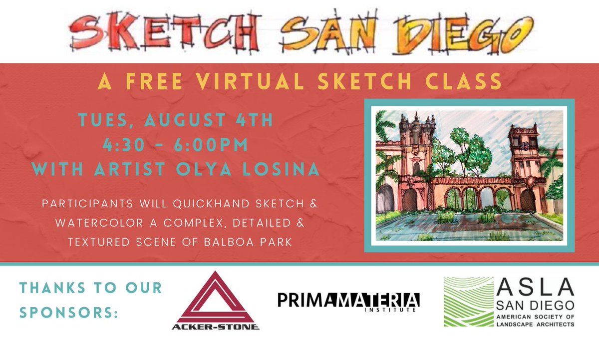 sdasla's tweet image. Did you miss our Sketch San Diego class last week? Or maybe you attended, but wish you could watch again? Grab a sketchpad, brush pen &amp;amp; watercolors &amp;amp; catch the replay here: youtu.be/-YCSwBvRRyE
Thanks to our instructor Olya Losina &amp;amp; our sponsor Amy Minicilli of Acker-Stone!