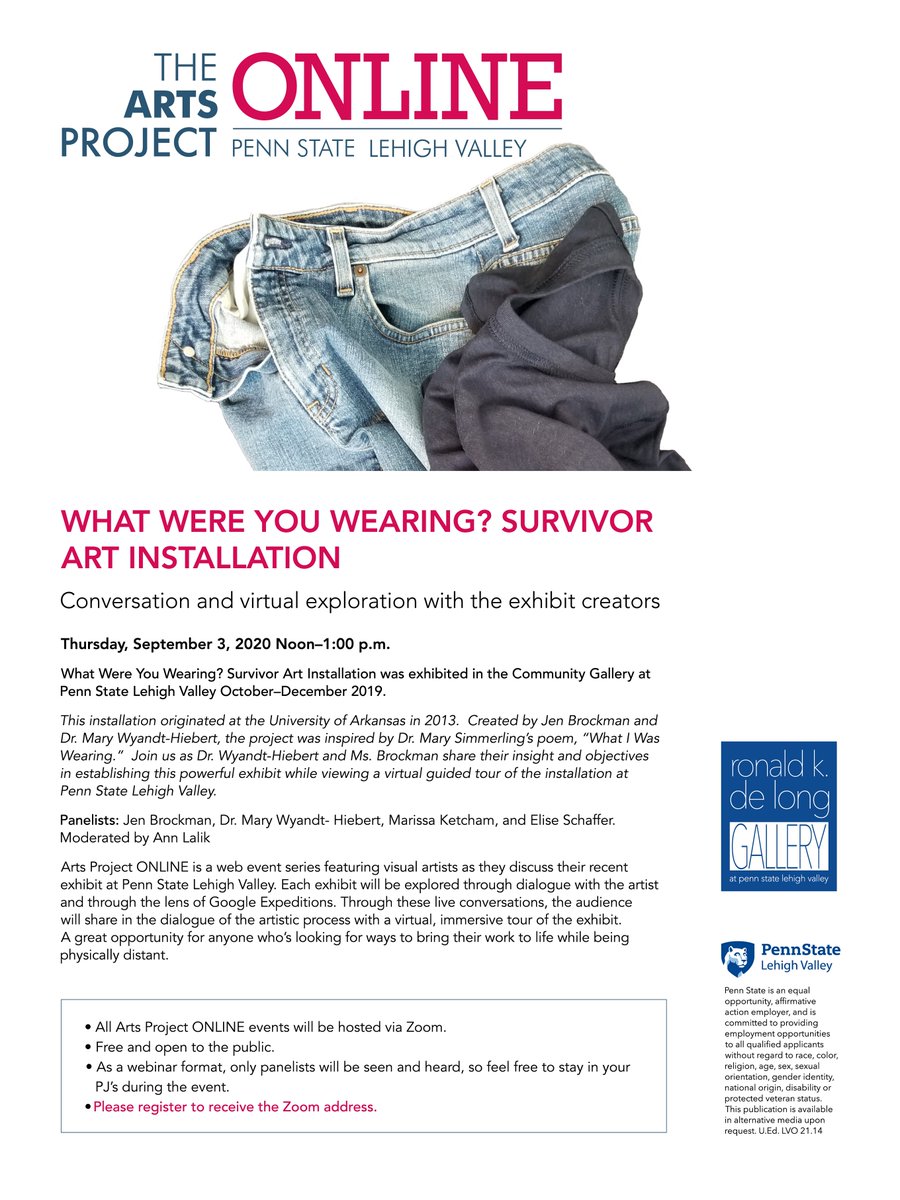 Register using the link below, to tune into Penn State's What Were You Wearing? Survivor Art Installation. Virtually explore the installation and engage in conversation with the exhibit creators, including the Director of SAPEC Jen Brockman.

psu.zoom.us/webinar/regist…