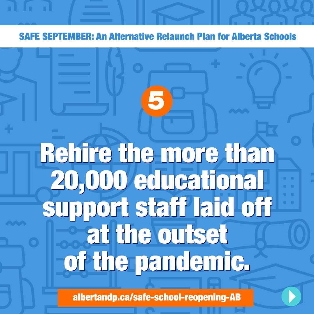 RachelNotley's tweet photo. We don't just need a #SafeSeptember - we need to #SaveSeptember.

There is a better way. And it starts by rehiring the support staff.

Our caucus has 15 recommendations for how we can reopen schools safely. #ableg #abed https://t.co/fRbFGkRFA5