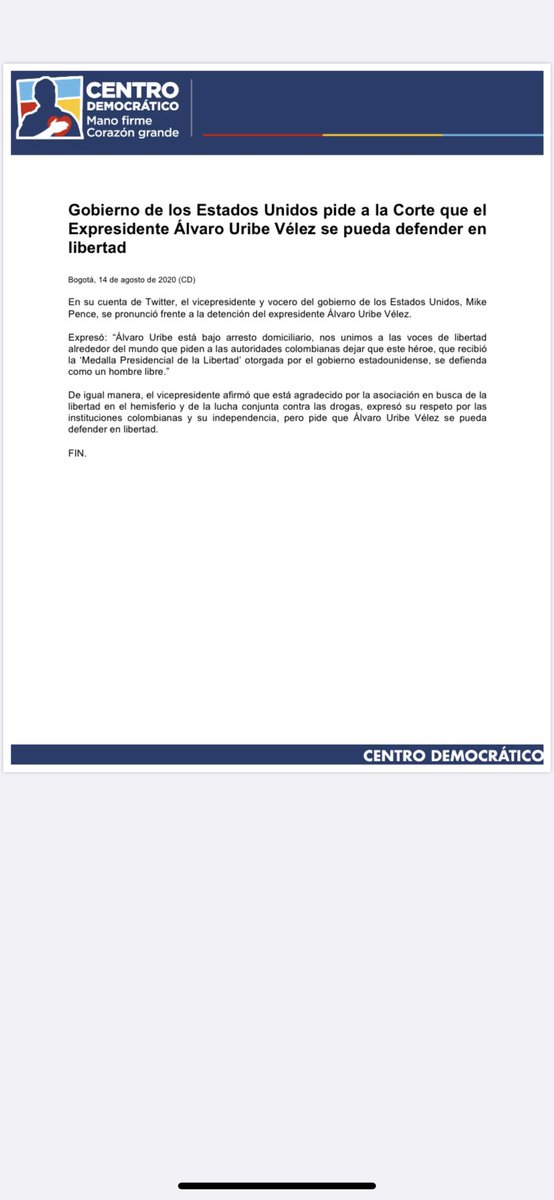 charoguerra's tweet photo. COMUNICADO: el gobierno de Estados Unidos pide a la @CorteSupremaJ que el presidente @AlvaroUribeVel se pueda defender en libertad. @CeDemocratico https://t.co/mjXuPYIgwt
