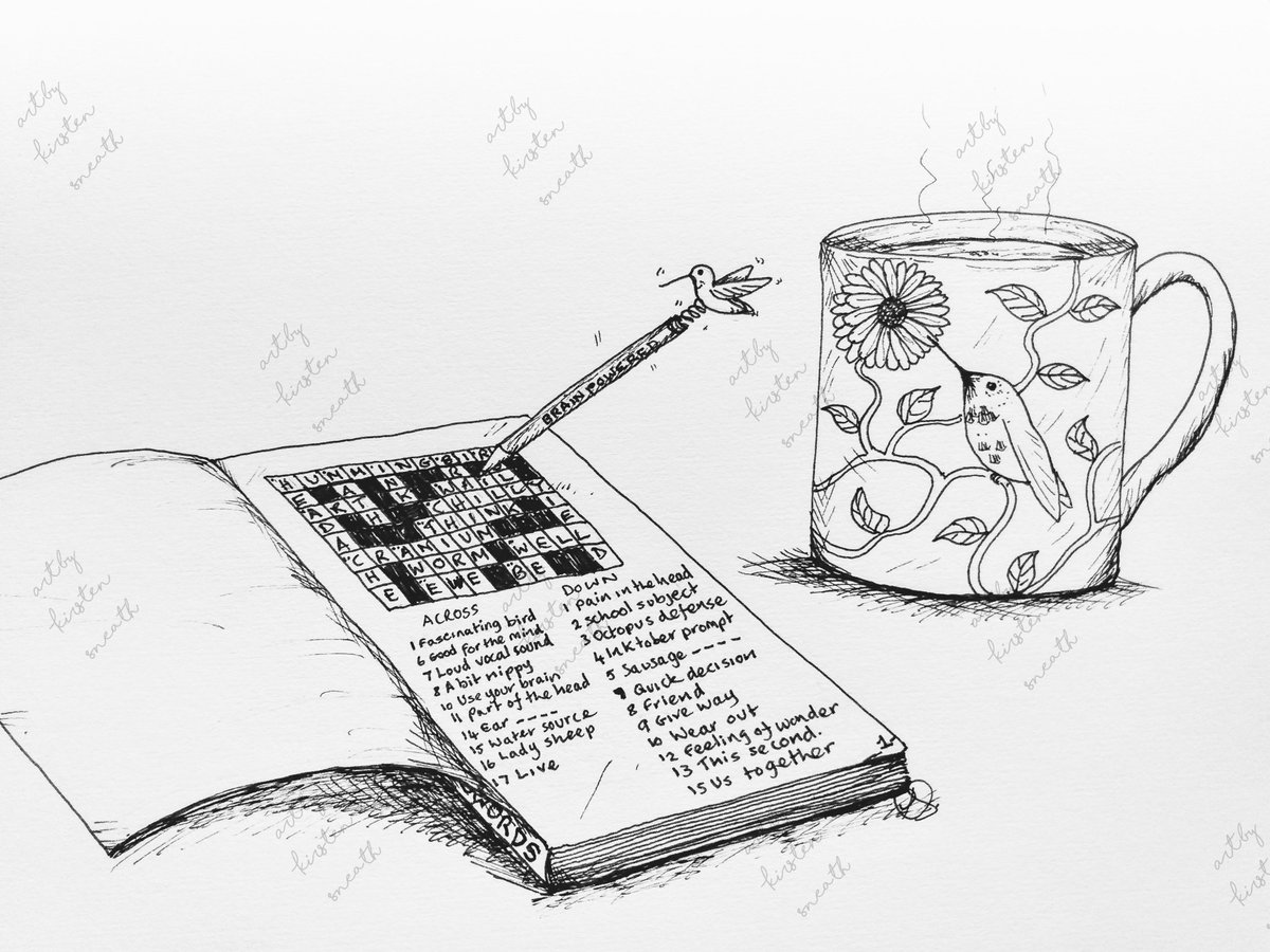 ksneathart's tweet photo. #Inktober52 prompt #Brain Really had to use my brain for this one!🤪 #hummingbirdseries #trickyone #inktobersketch #crosswordpuzzles #brainpower💪 #brainpoweredpen #cuppa☕ #hummingbirdinkdrawing https://t.co/iAi3l0Em11