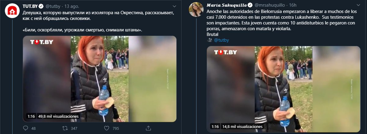 Uno de las muchas mentiras que nos van a colar sobre  #Bielorrusia Minihilo:1/3 TUTBY (Canal opositor bielorruso) y EL PAÍS (su corresponsal) difunden el testimonio de una joven, supuestamente agredida por policías, que llora y denuncia un trato degradante sin haber hecho nada