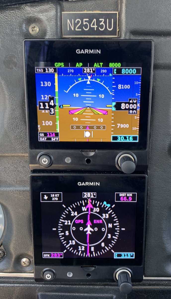 After departing Potomac (VKX), my home field for the last several years, we settled into a nice cruise at 8000 feet. Running at wide-open throttle, that translated typically into a bit under 130 knots (~150 mph), burning about 10 gallons of 100-octane aviation gas per hour.