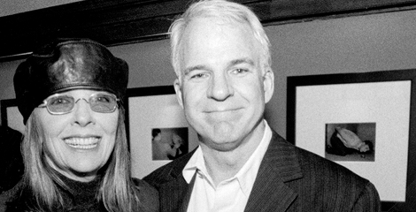 black and white photo of Steve Martin and Diane Keaton at a Central Library event in 1999