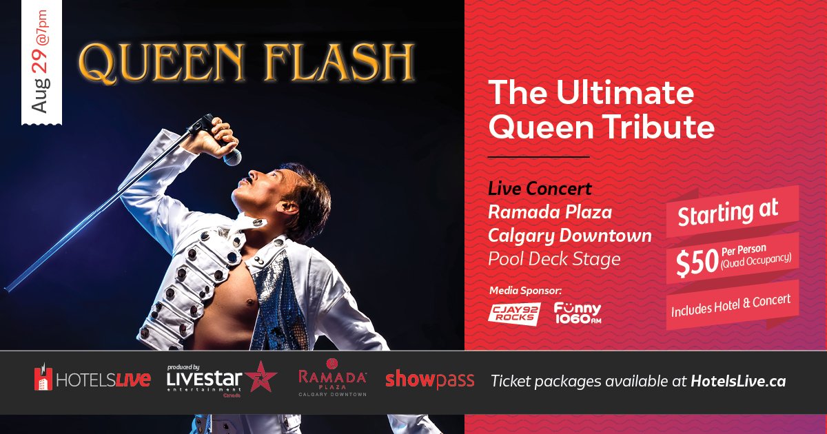 hotelsliveca's tweet photo. We are at 80% sold! Time is running out to get your tickets to the Ultimate Queen Tribute - Queen Flash! Get Your Tickets Now at https://t.co/RC3OmVEGLy
#SafeConcerts #QueenFlash #TheUltimateQueenTribute #HotelsLive #HotelBalconyConcerts #RamadaPlazaCalgaryDowntown #Showpass #YYC https://t.co/0NHyDSouAa