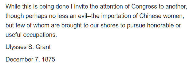 The Page Act of 1875 was the very first federal immigration law, and it was directed at female Chinese immigrants bc, again, Californians were so scared that they were secretly prostitutes here to corrupt American society and give diseases to white men 3/?