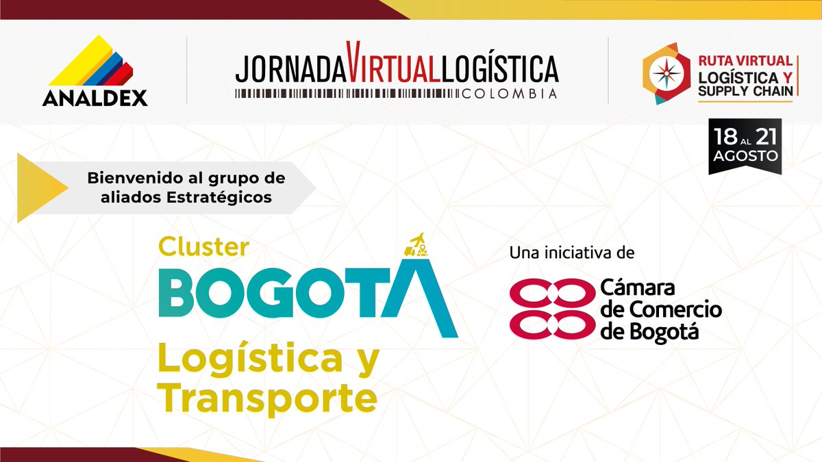 ExlogColombia's tweet image. Le damos la bienvenida a la @camaracomerbog #ClusterLogística por unirse al grupo de #AliadosEstratégicos de la Jornada Virtual Logística que se realizará del 18 al 21 de agosto. #RutaVirtualLogística y Supply Chain #TitanesSupplyChain @AnaldexColombia