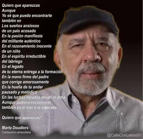 cantourgente's tweet photo. Se mueven la fibras de lo sensible...

...hermosos versos de mi estimada cantora Marta Doudiers dedicados a #CarlosLanz

#FiscalDondeEstaCarlosLanz
#DondeEstaCarlosLanz 
@alanz @NicolasMaduro @Mision_Verdad @TarekWiliamSaab https://t.co/oOBy85to2x