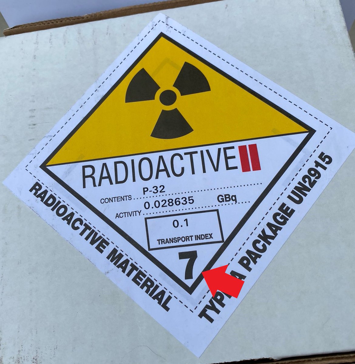 I have been asked if I could please explain what this label in some detail. [cracks knuckles] Okay, lets start with the number at the bottom. In the DOT hazardous materials communication system, 7 denotes materials where the PRIMARY hazard is radioactivity.
