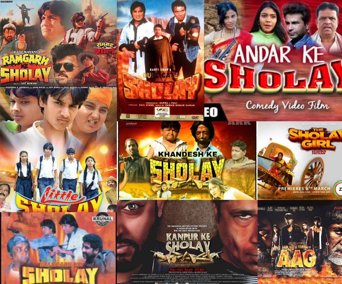 CinemaRareIN's tweet photo. #Sholay also inspired a number of films/spoofs..
#DoSholay (1977), Hindi version of Punjabi film #DoSher (1974) feat. @aapkadharam.
#RamgarhKeSholay (1991), that also featured #AmjadKhan.
#RamGopaVarmaKiAag (2007), also featured @SrBachchan. https://t.co/TyoU2l3UJT