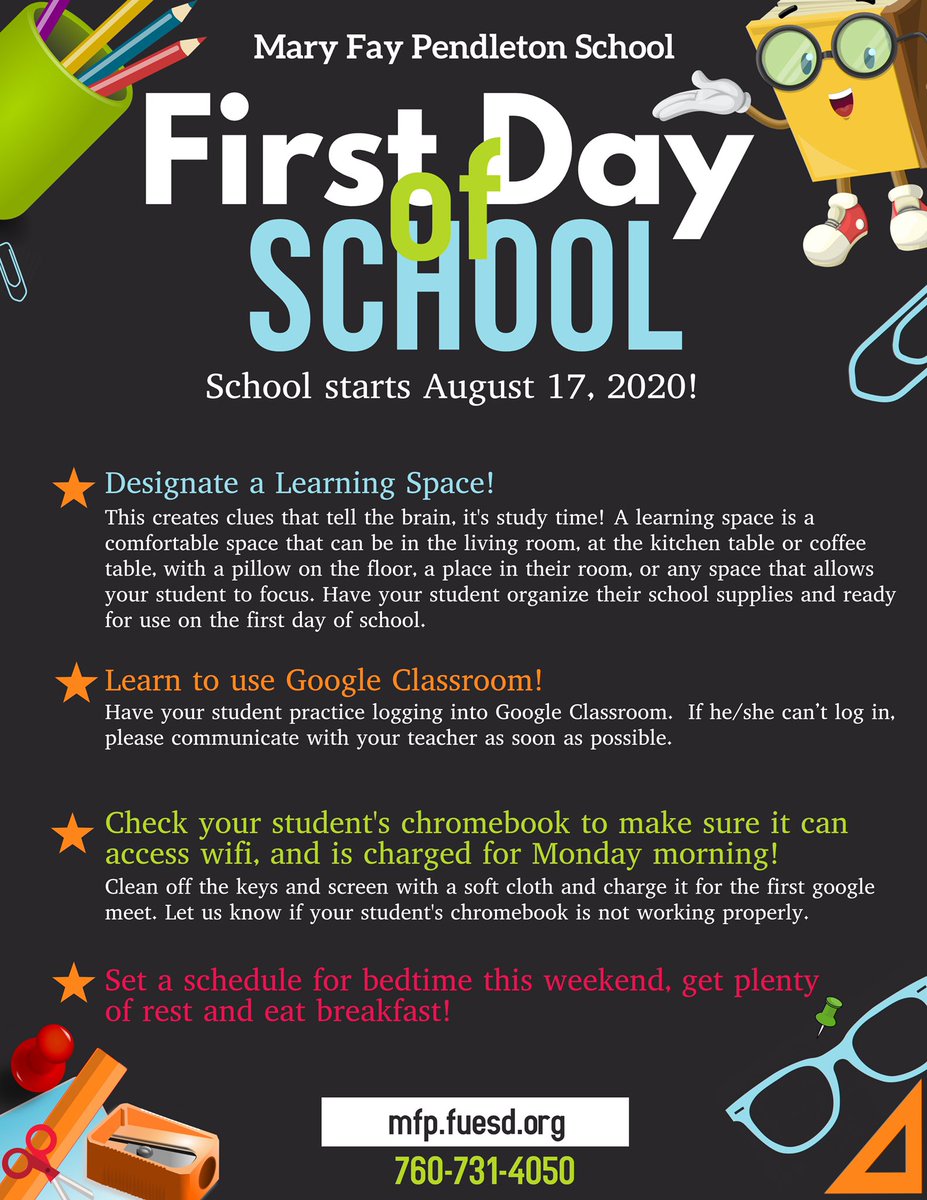 Be proactive!! Get ready for the first day of school! As a reminder new students ID # will not be active until Monday morning. #themaryfayway #FUESD <a href="/FUESDSchools/">FUESD Schools</a>