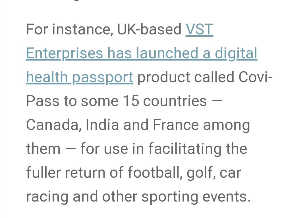 'Digital ID Immunity Passports Gain Steam Around the Globe' ... and confirm that this technology can/will be used to show vaccination status in future : https://www.secureidnews.com/news-item/digital-id-immunity-passports-gain-steam-around-the-globe/