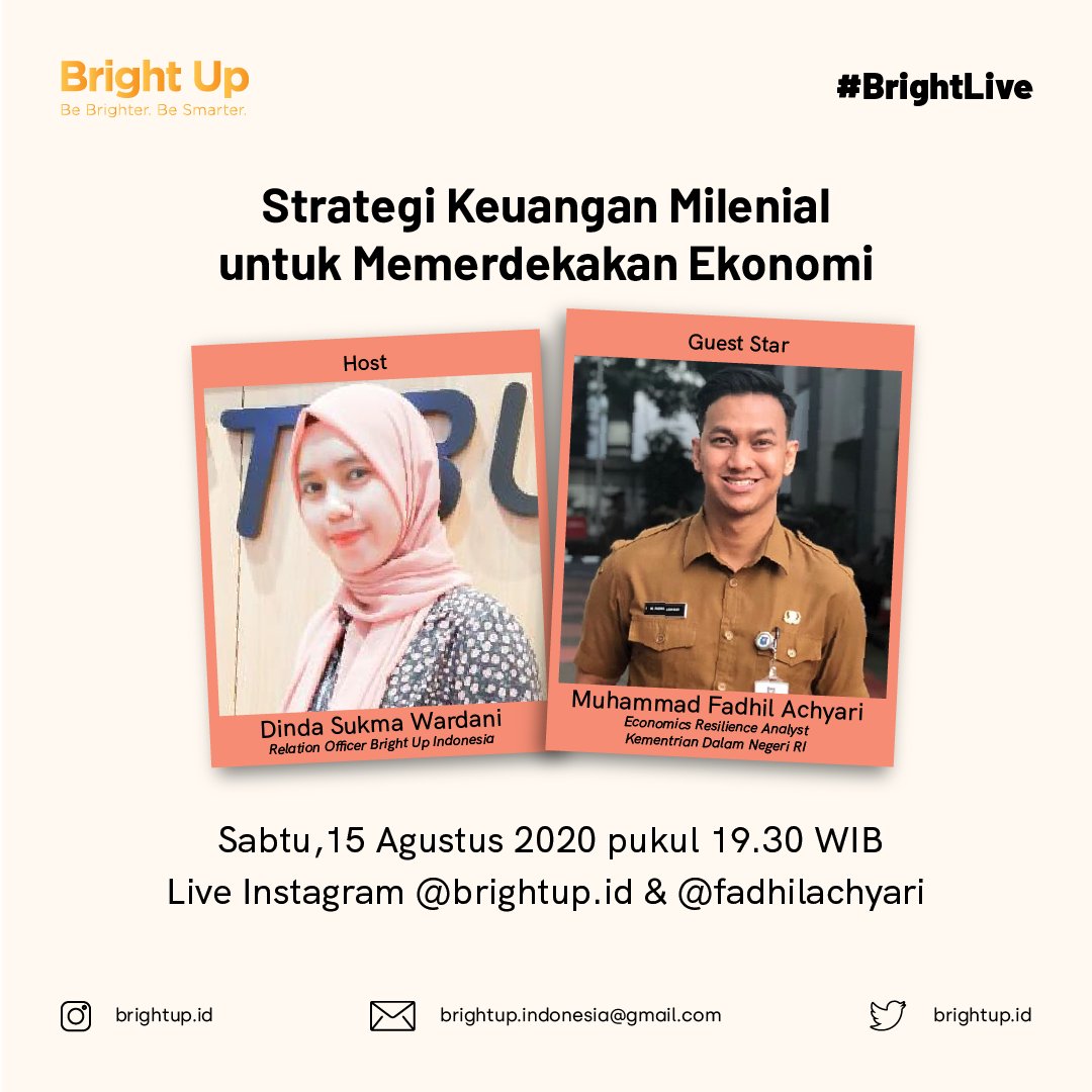 BrightUp_id's tweet photo. Hari ini banget! 
Jangan lewatkan Live instagram @brightup.id pukul 19.30 WIB yang akan dipandu oleh kak Dinda.

#BrightupIndonesia #sunbright #iglive #komunitas #BeBrighterBeSmarter https://t.co/d735Hlwq6F