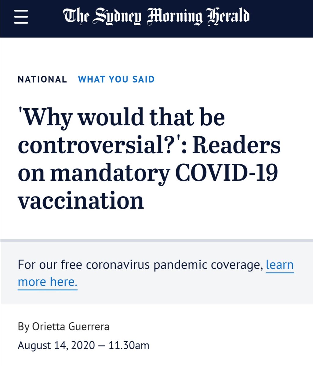 Readers respond to recent article advocating for mandatory Covid vaccinations in Australia:  https://www.smh.com.au/national/why-would-that-be-controversial-readers-on-mandatory-covid-19-vaccination-20200811-p55kn9.html