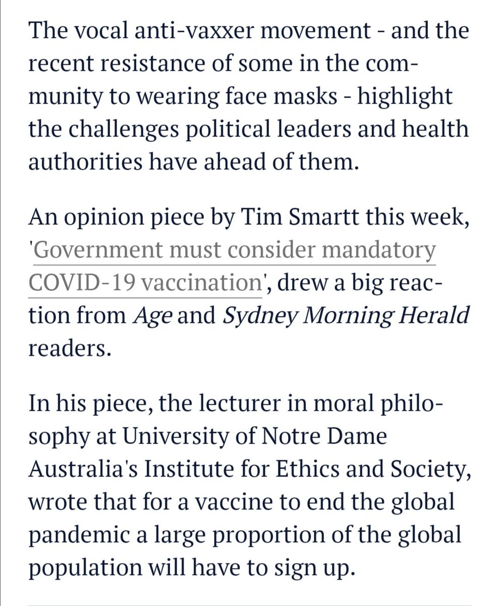 Readers respond to recent article advocating for mandatory Covid vaccinations in Australia:  https://www.smh.com.au/national/why-would-that-be-controversial-readers-on-mandatory-covid-19-vaccination-20200811-p55kn9.html