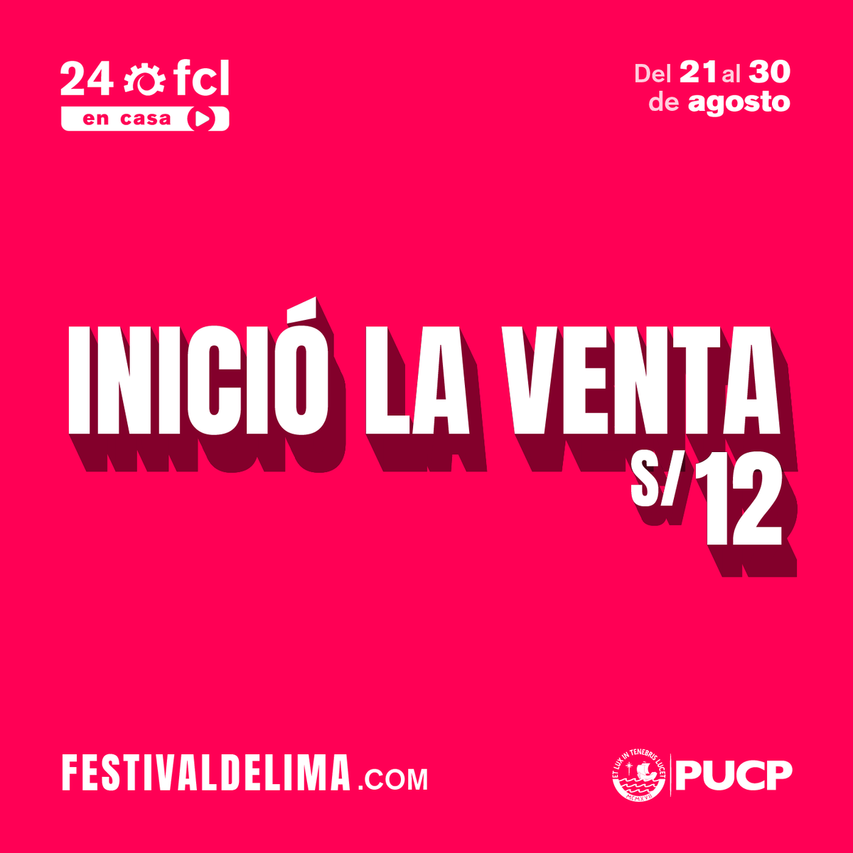 festivaldelima's tweet photo. [#24FCL en casa]
¡Inició la venta de entradas para todas las películas a S/ 12!🎫
👉 Adquiere tus entradas en https://t.co/rmh9aUFjDK. El stock es limitado.

Festival presentado por la @fundacionbbvape y el @minculturape, y organizado por la @pucp.

#ElCineLatinoNosConecta https://t.co/GkNuMi1bGS