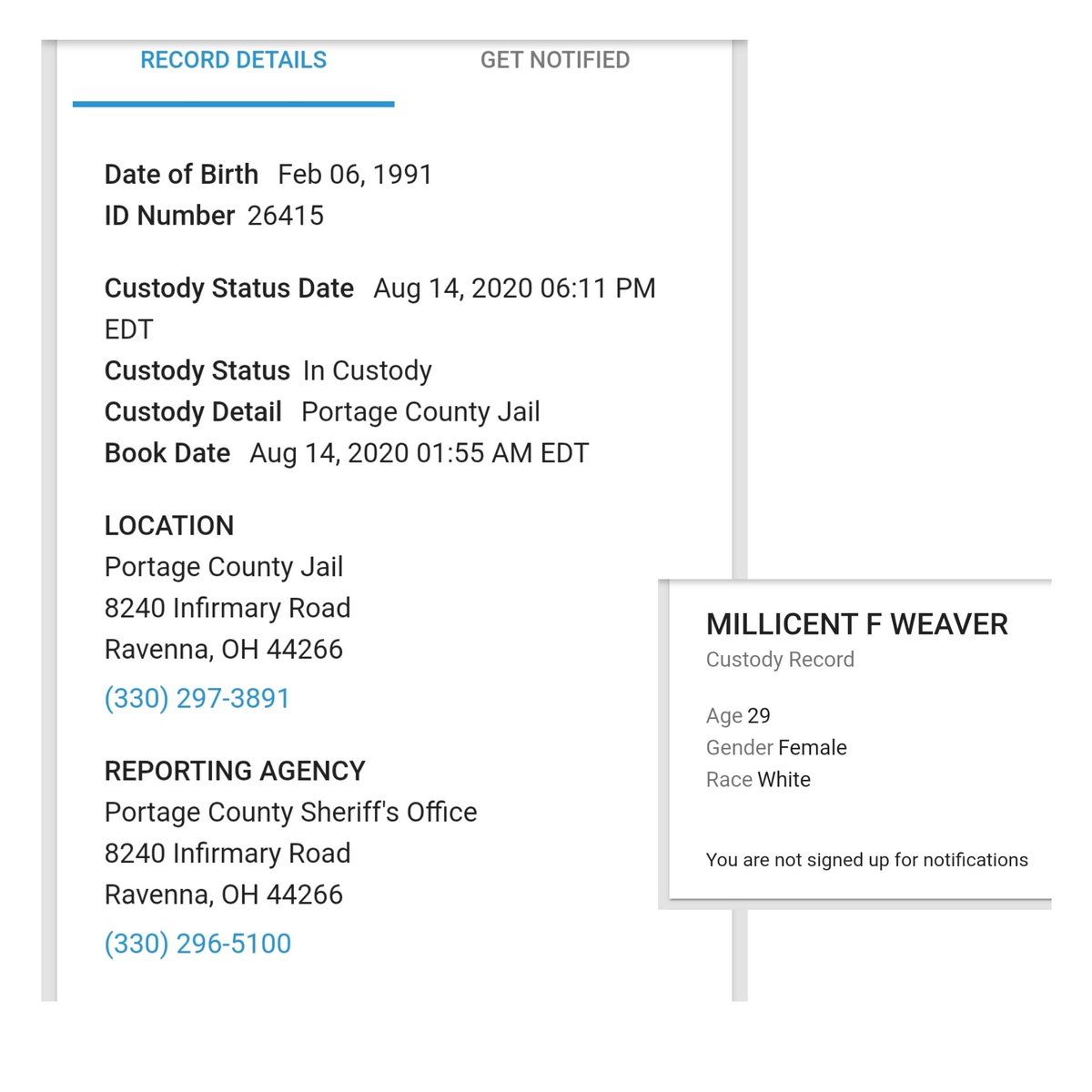  #MillieWeaver's arrest record for August 14, 2020,  #PortageCounty  #Ohio JailSource: ↓↓↓ https://vinelink.vineapps.com/person-detail/offender/11815757;tabIndexToSelect=0