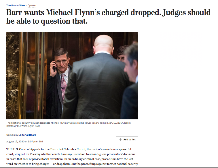 The Washington Post ran an op-ed on Aug. 12, 2020, titled “Barr wants Michael Flynn’s charged dropped. Judges should be able to question that.” It is a perfect example of deliberate deception and obfuscation from a major news outlet.  @SidneyPowell1  @GenFlynn THREAD