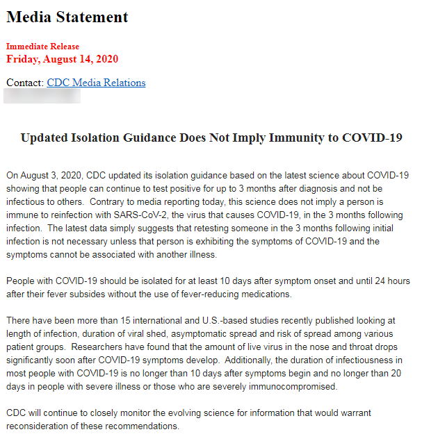 BNOFeed's tweet photo. People can continue to test positive for coronavirus for up to 3 months after diagnosis and not be infectious to others, according to the U.S. CDC. This follows multiple reports of people testing positive after recovery. https://t.co/ylLtxZO4FH