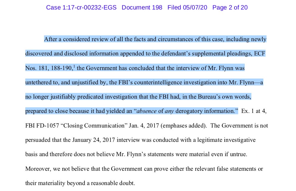 7/ WaPo says, “His lies may have prevented investigators from asking relevant follow-up questions.” That’s not true. As the Gov.'s motion to dismiss made clear, the FBI agents who interviewed Flynn did so with no legitimate, underlying investigation to justified the interview.