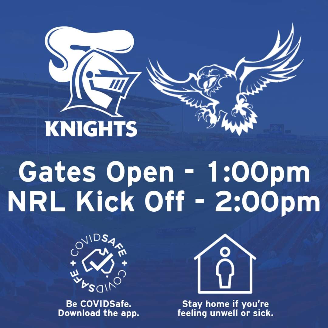 The fierce rivalry between the @NRLKnights and @SeaEagles will write it's next chapter tomorrow! ⚔️🦅 Patrons are reminded they must stay home if they’re unwell or display any symptoms and get tested. 🏠 ℹ️ bit.ly/31Uq4CM #GoHardGoKnights #NRL