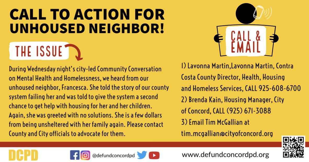 defundconcordpd's tweet photo. Please make calls and emails for Francesa! Call the #s on the image. The Director of 211 told her they’d help, but was again greeted with no solutions. She is a few dollars from being unsheltered with her kids. Please advocate for her family. 
#DefundThePolice
#BlackLivesMatter https://t.co/gVnAnDvXSU