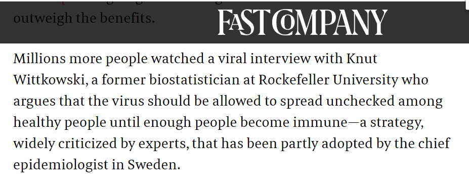 So the Swedish approach was influenced by "viral coronavirus conspiracy videos" created by a dude referred to as a "virus truther" by the Bulwark and defended by Laura Ingraham when Youtube took his videos down?  https://twitter.com/killedbyproxy/status/1294399972721516544